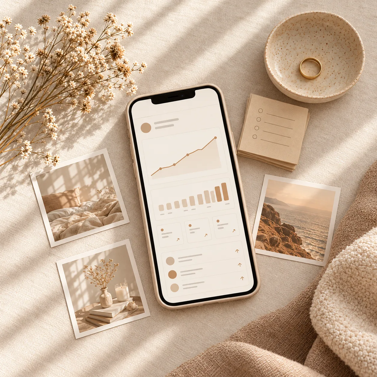 Telefoon met social media statistieken tussen geprinte posts en contentplanning